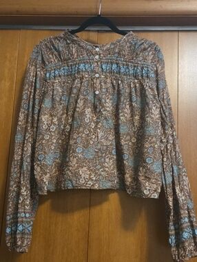 Stetson Brown Floral Smocked Button-Front Peasant Blouse with Light Blue Accents